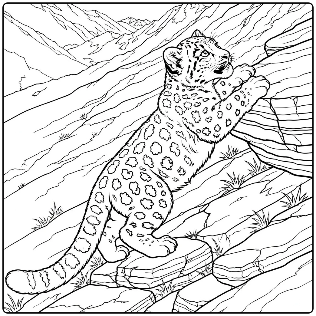 A young snow leopard climbing a steep rock face in a realistic baby snow leopard coloring page