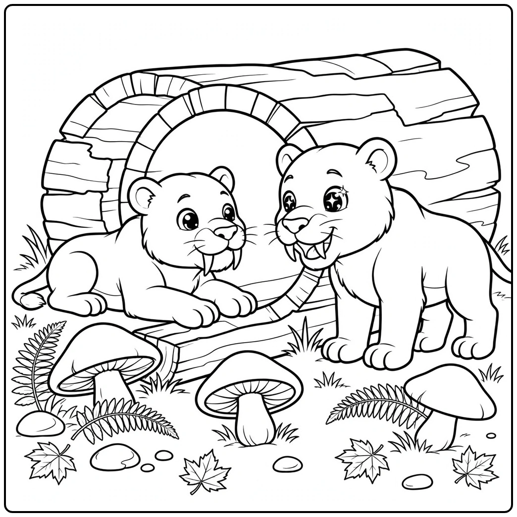 Two young saber tooth tigers exploring a hollow log surrounded by mushrooms and ferns