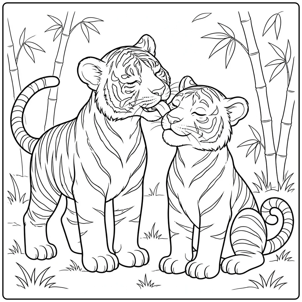 Two cubs grooming in bamboo in a realistic tiger coloring page for kids