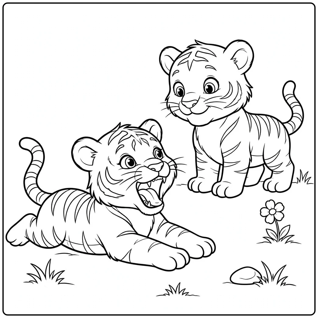One cub practices a little roar while another tiger watches nearby in the meadow