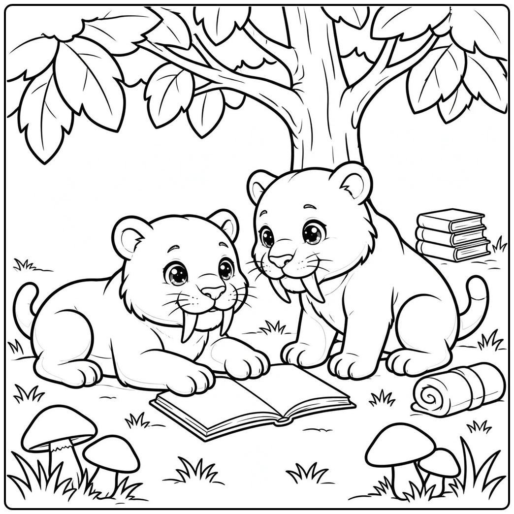 Two young saber tooth tigers gathered around an open book beneath a leafy tree